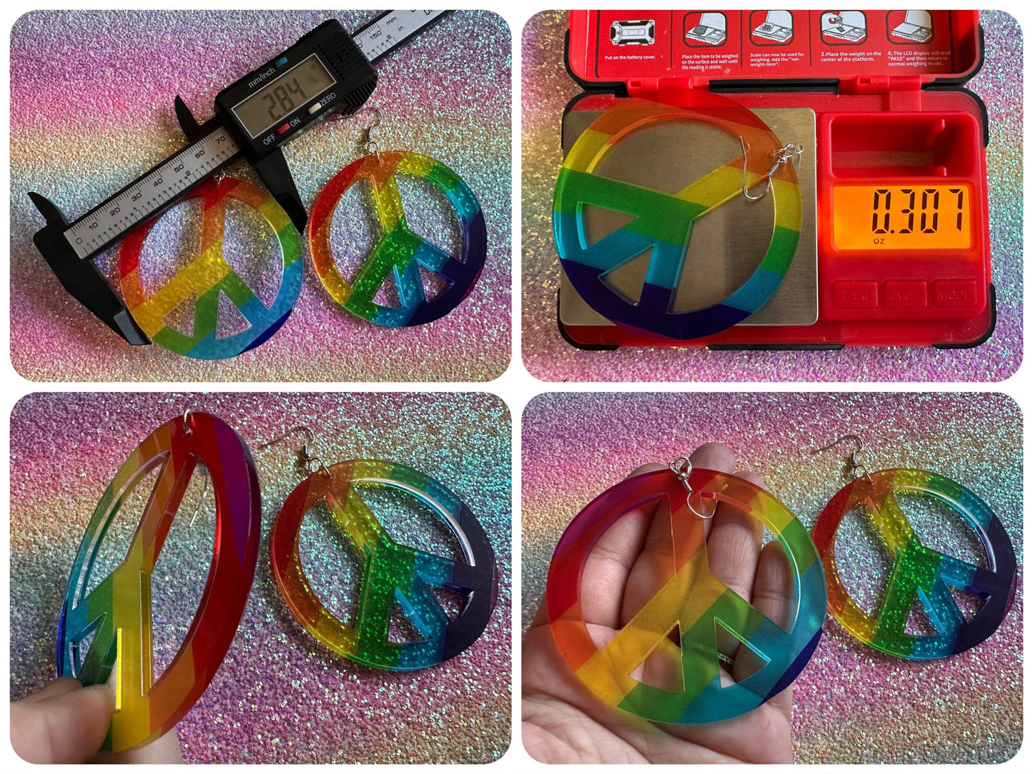 Rainbow Peace Sign Earrings: Laser Cut Acrylic Peace Signs, Hippie, Happy Hipster, Love, 80s, No War, Happiness, Best Gifts for Her/Him/Them