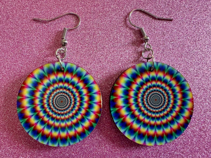 Rainbow Psychedelic Optical Illusion Earrings: Sublimated Illusions, Unique Earrings, Quirky Jewelry, Hypnotic, Best Gifts for Her/Him/Them