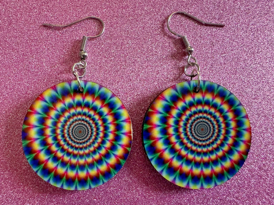Rainbow Psychedelic Optical Illusion Earrings: Sublimated Illusions, Unique Earrings, Quirky Jewelry, Hypnotic, Best Gifts for Her/Him/Them