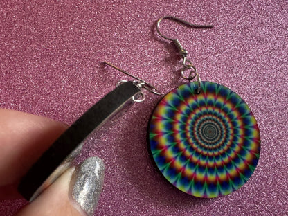 Rainbow Psychedelic Optical Illusion Earrings: Sublimated Illusions, Unique Earrings, Quirky Jewelry, Hypnotic, Best Gifts for Her/Him/Them