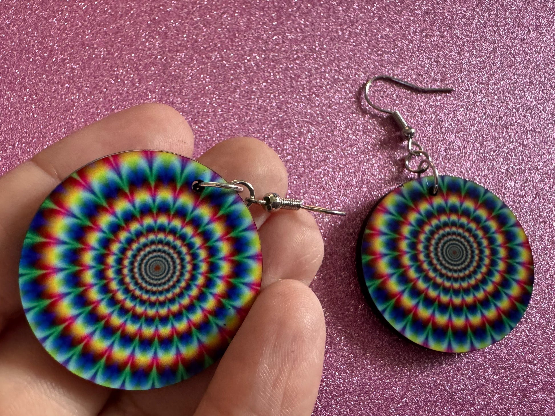 Rainbow Psychedelic Optical Illusion Earrings: Sublimated Illusions, Unique Earrings, Quirky Jewelry, Hypnotic, Best Gifts for Her/Him/Them