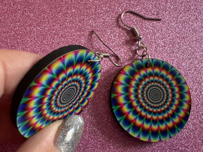Rainbow Psychedelic Optical Illusion Earrings: Sublimated Illusions, Unique Earrings, Quirky Jewelry, Hypnotic, Best Gifts for Her/Him/Them