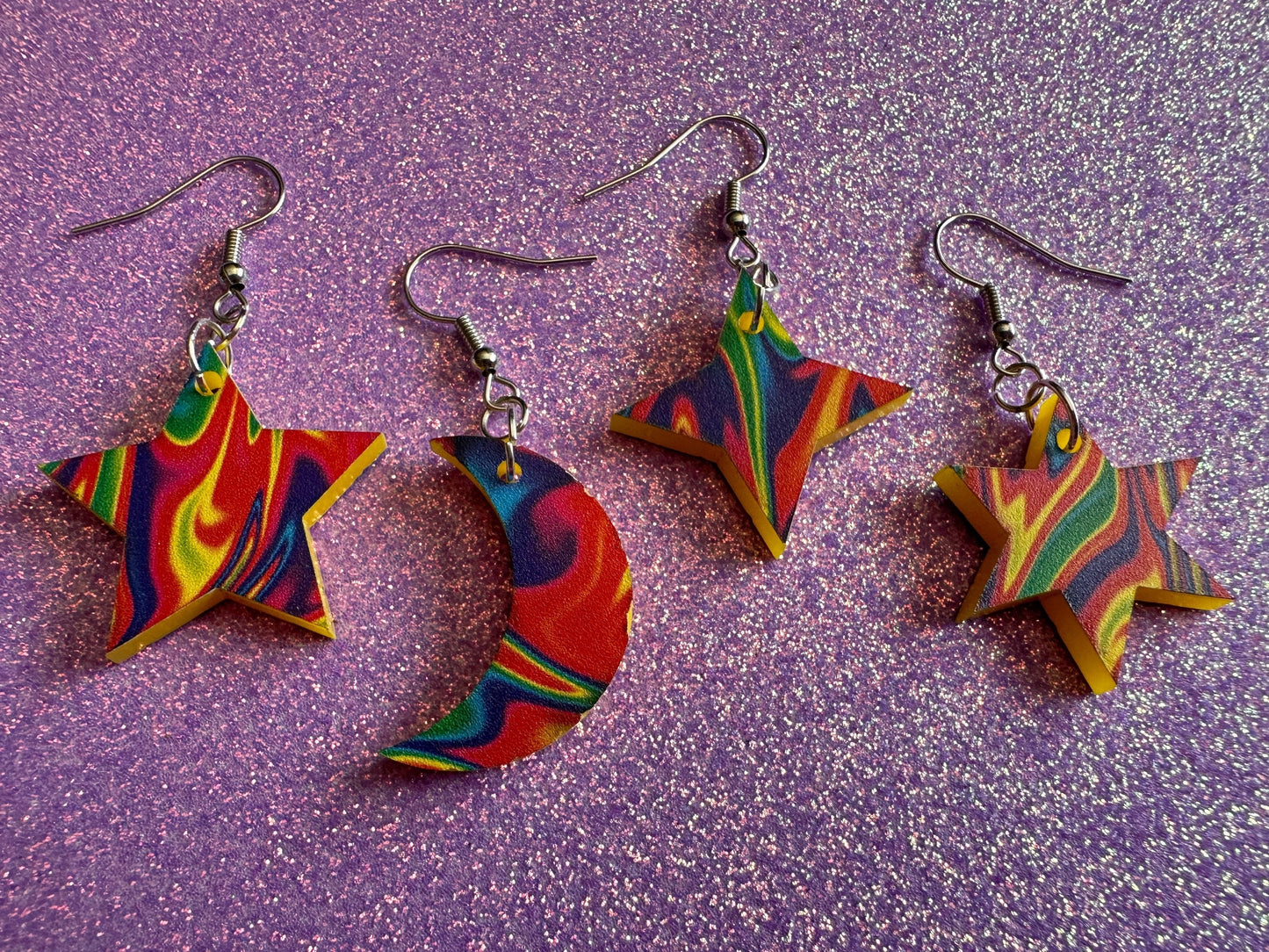 Rainbow Star & Moon Earrings: Laser Cut Acrylic Stars, Magic, Night Sky, Astrology, Space, Colorful, Galaxy, Gifts for Her/Him/Them