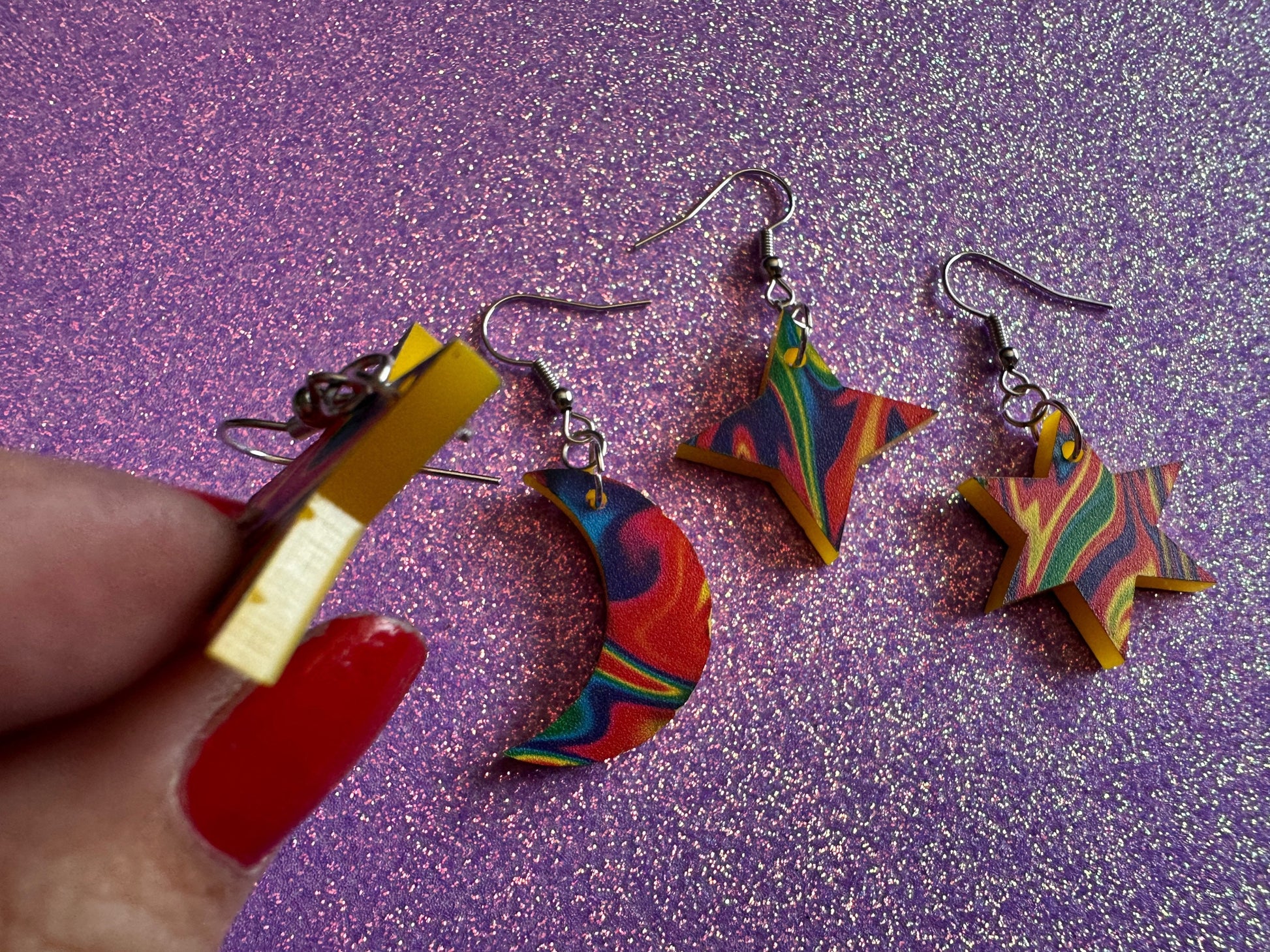 Rainbow Star & Moon Earrings: Laser Cut Acrylic Stars, Magic, Night Sky, Astrology, Space, Colorful, Galaxy, Gifts for Her/Him/Them