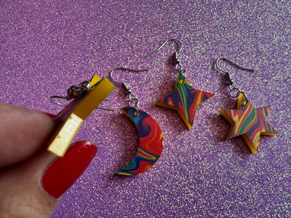 Rainbow Star & Moon Earrings: Laser Cut Acrylic Stars, Magic, Night Sky, Astrology, Space, Colorful, Galaxy, Gifts for Her/Him/Them