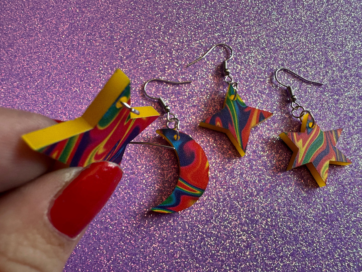 Rainbow Star & Moon Earrings: Laser Cut Acrylic Stars, Magic, Night Sky, Astrology, Space, Colorful, Galaxy, Gifts for Her/Him/Them