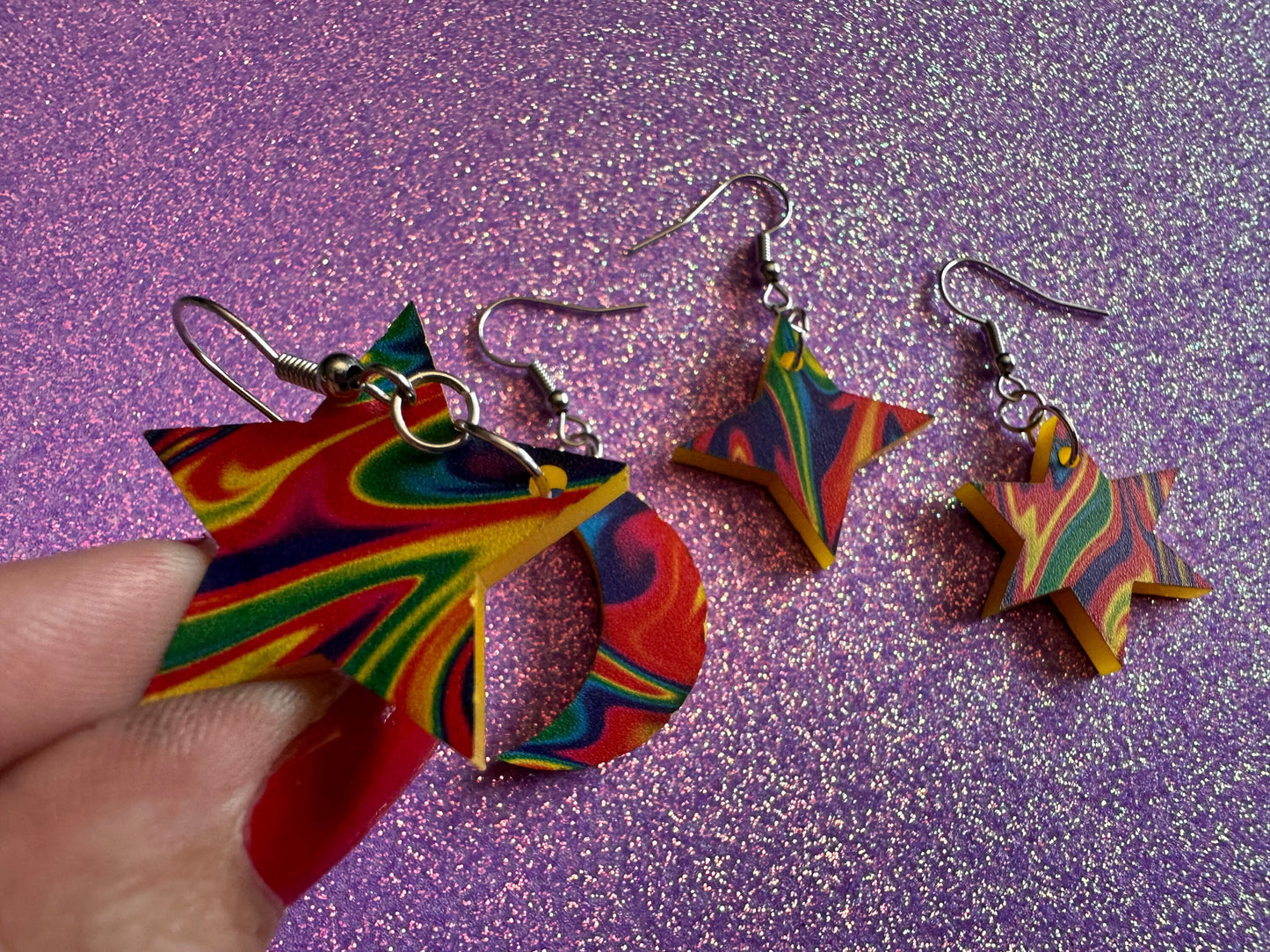 Rainbow Star & Moon Earrings: Laser Cut Acrylic Stars, Magic, Night Sky, Astrology, Space, Colorful, Galaxy, Gifts for Her/Him/Them