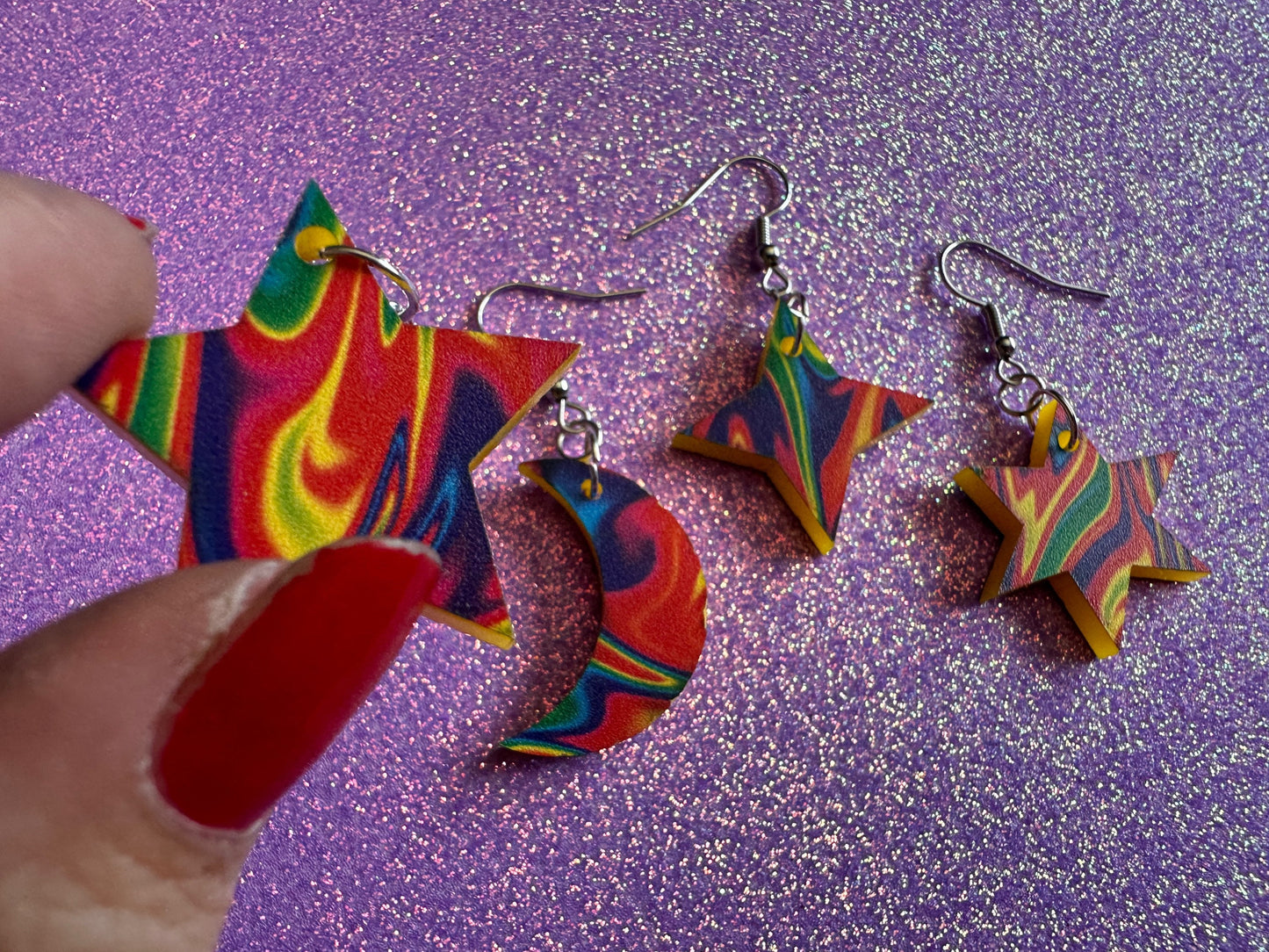 Rainbow Star & Moon Earrings: Laser Cut Acrylic Stars, Magic, Night Sky, Astrology, Space, Colorful, Galaxy, Gifts for Her/Him/Them