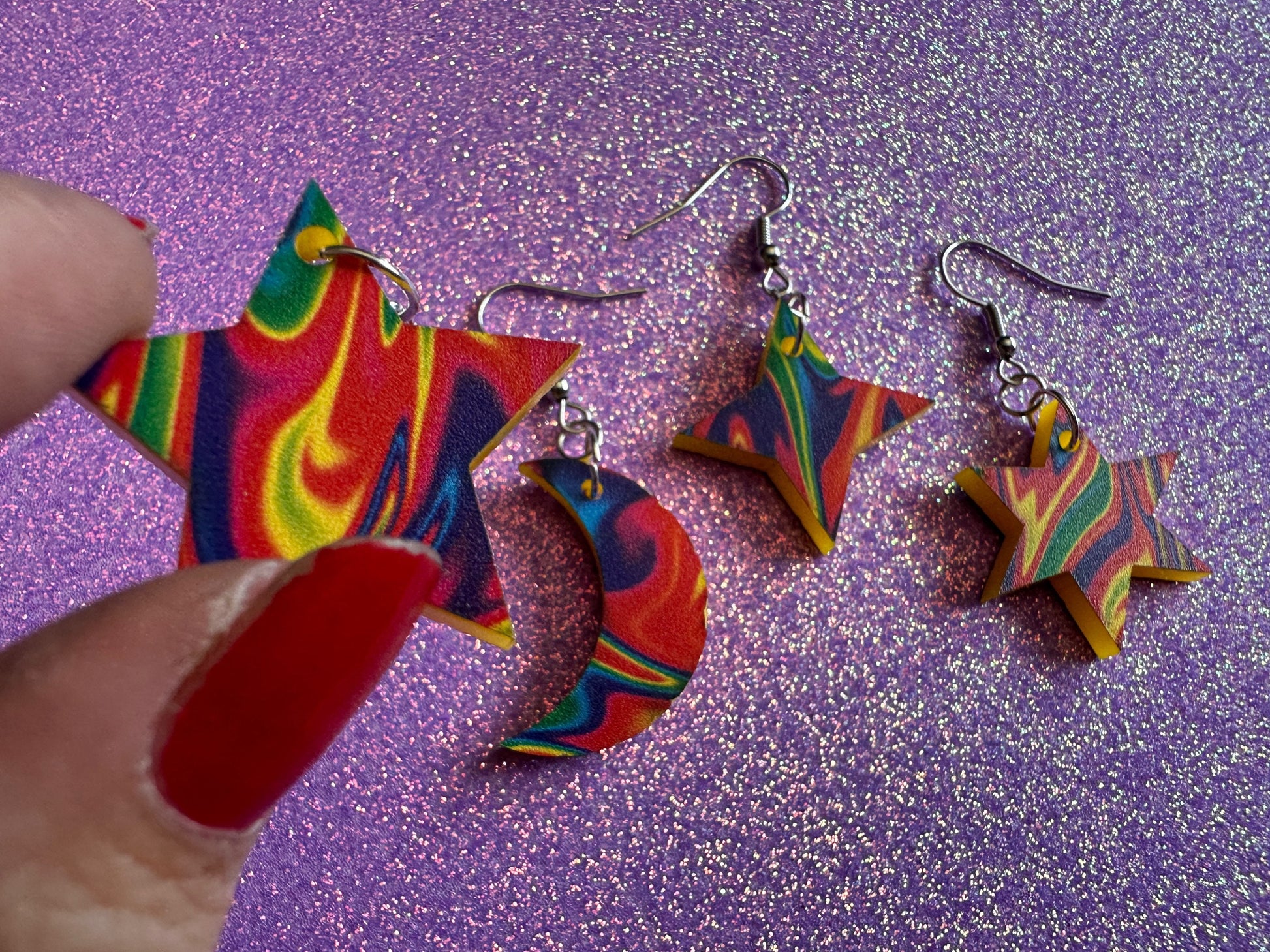 Rainbow Star & Moon Earrings: Laser Cut Acrylic Stars, Magic, Night Sky, Astrology, Space, Colorful, Galaxy, Gifts for Her/Him/Them