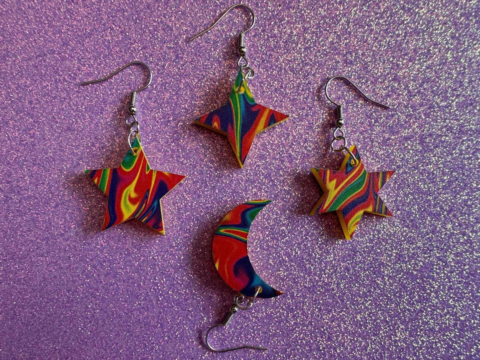 Rainbow Star & Moon Earrings: Laser Cut Acrylic Stars, Magic, Night Sky, Astrology, Space, Colorful, Galaxy, Gifts for Her/Him/Them