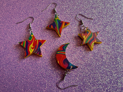 Rainbow Star & Moon Earrings: Laser Cut Acrylic Stars, Magic, Night Sky, Astrology, Space, Colorful, Galaxy, Gifts for Her/Him/Them
