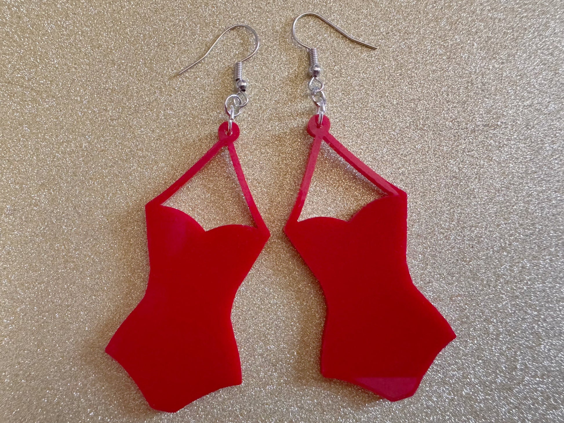 Red Bathing Suit Earrings: Laser Cut Acrylic Swimsuit Earrings, Beach, Swim, Swimming Lifeguard, Swimmer, Vacay, Best Gifts for Her/Him/Them