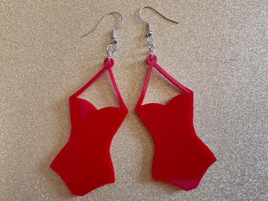 Red Bathing Suit Earrings: Laser Cut Acrylic Swimsuit Earrings, Beach, Swim, Swimming Lifeguard, Swimmer, Vacay, Best Gifts for Her/Him/Them