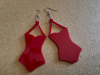 Red Bathing Suit Earrings: Laser Cut Acrylic Swimsuit Earrings, Beach, Swim, Swimming Lifeguard, Swimmer, Vacay, Best Gifts for Her/Him/Them