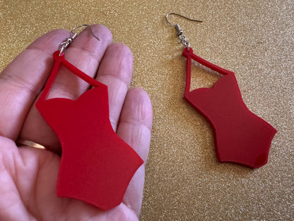 Red Bathing Suit Earrings: Laser Cut Acrylic Swimsuit Earrings, Beach, Swim, Swimming Lifeguard, Swimmer, Vacay, Best Gifts for Her/Him/Them