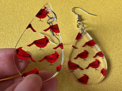 Red Cardinal Earrings: Laser Cut Acrylic Cardinals, Northern Cardinal, Birds, Feathers, Redbird, Zoo, Red Bird, Best Gifts for Her/Him/Them