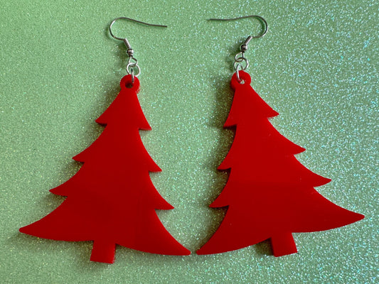 Red Christmas Tree Earrings: Laser Cut Acrylic Trees, Green Earrings, Xmas, Winter, Best Gifts for Her/Him/Them