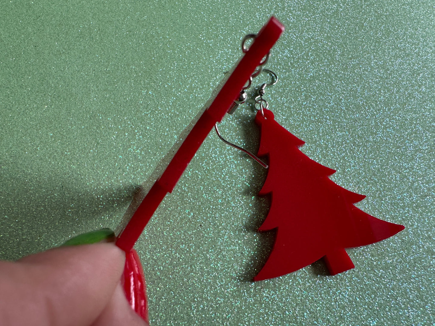 Red Christmas Tree Earrings: Laser Cut Acrylic Trees, Green Earrings, Xmas, Winter, Best Gifts for Her/Him/Them