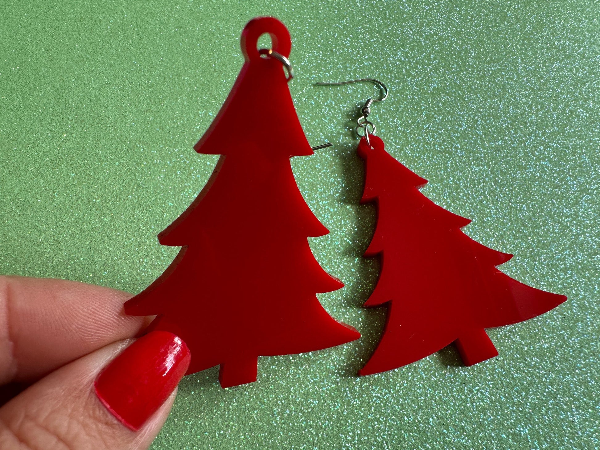 Red Christmas Tree Earrings: Laser Cut Acrylic Trees, Green Earrings, Xmas, Winter, Best Gifts for Her/Him/Them