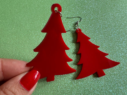 Red Christmas Tree Earrings: Laser Cut Acrylic Trees, Green Earrings, Xmas, Winter, Best Gifts for Her/Him/Them
