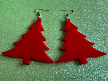 Red Christmas Tree Earrings: Laser Cut Acrylic Trees, Green Earrings, Xmas, Winter, Best Gifts for Her/Him/Them
