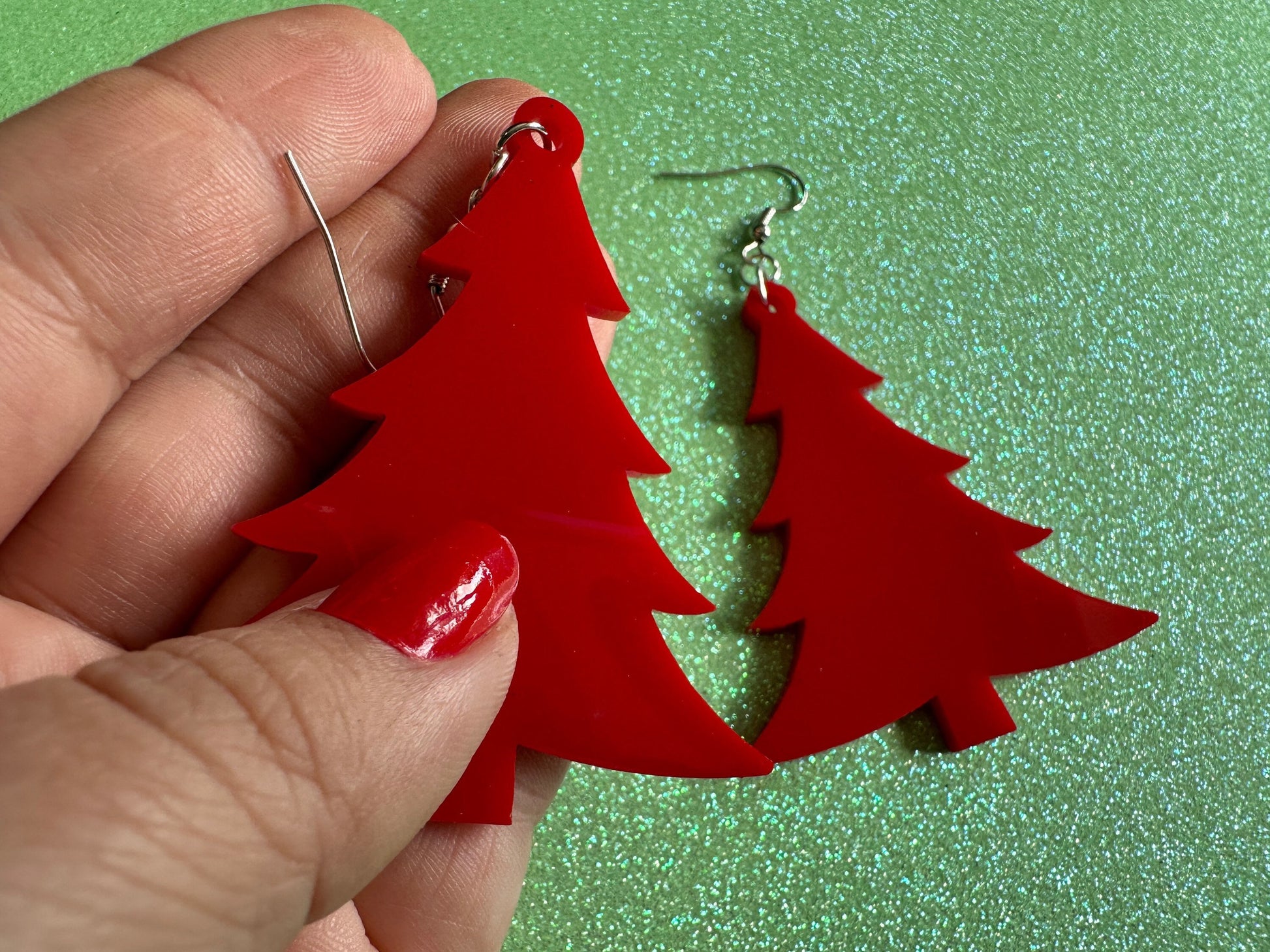 Red Christmas Tree Earrings: Laser Cut Acrylic Trees, Green Earrings, Xmas, Winter, Best Gifts for Her/Him/Them