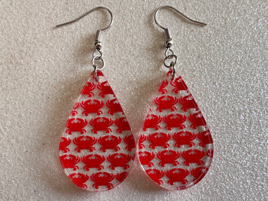 Red Crab Earrings: Laser Cut Acrylic Crabs, Sea Animal, Ocean Creatures, Aquarium, Tank, Beach, Scuba Diving, Best Gifts for Her/Him/Them