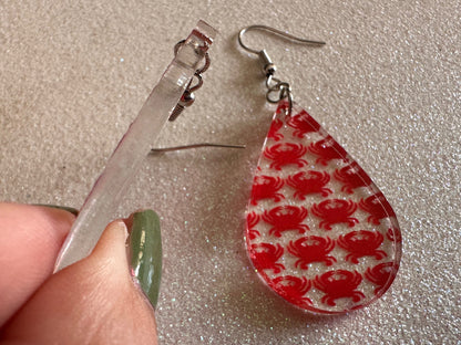 Red Crab Earrings: Laser Cut Acrylic Crabs, Sea Animal, Ocean Creatures, Aquarium, Tank, Beach, Scuba Diving, Best Gifts for Her/Him/Them