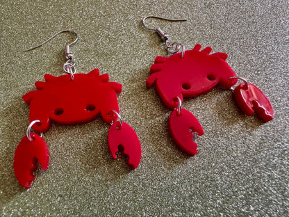 Red Crab Earrings: Laser Cut Acrylic Crabs, Sea Animal, Ocean Creatures, Aquarium, Tank, Beach, Scuba Diving, Best Gifts for Her/Him/Them