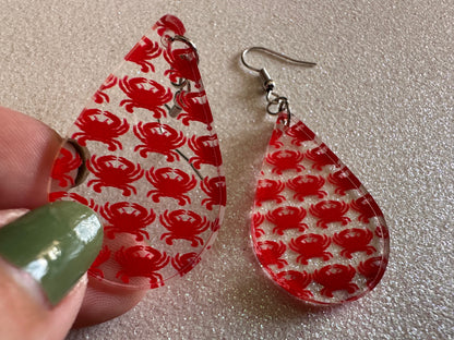 Red Crab Earrings: Laser Cut Acrylic Crabs, Sea Animal, Ocean Creatures, Aquarium, Tank, Beach, Scuba Diving, Best Gifts for Her/Him/Them