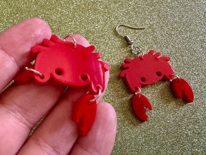 Red Crab Earrings: Laser Cut Acrylic Crabs, Sea Animal, Ocean Creatures, Aquarium, Tank, Beach, Scuba Diving, Best Gifts for Her/Him/Them