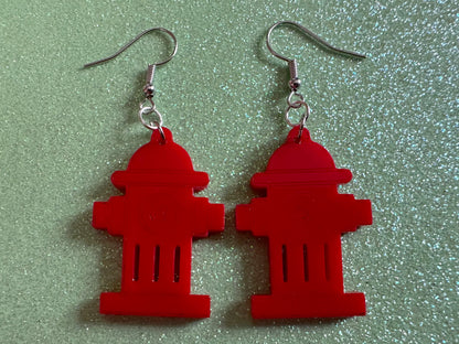 Red Fire Hydrant Earrings: Laser Cut Acrylic Fire Hydrants, Firefighter, Miniature Fire Hydrant, Fire Station, Best Gifts for Her/Him/Them