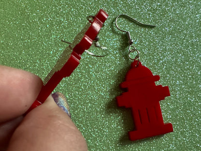 Red Fire Hydrant Earrings: Laser Cut Acrylic Fire Hydrants, Firefighter, Miniature Fire Hydrant, Fire Station, Best Gifts for Her/Him/Them