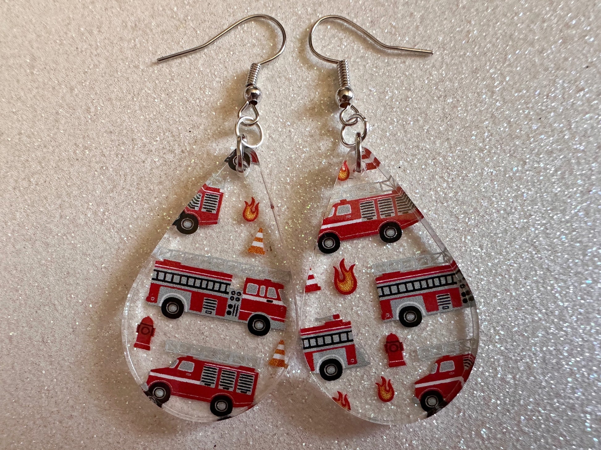 Red Fire Truck Earrings: Laser Cut Acrylic Fire Trucks, Firefighter, Traffic Cone, Fire Station, Flame Emergency Best Gifts for Her/Him/Them