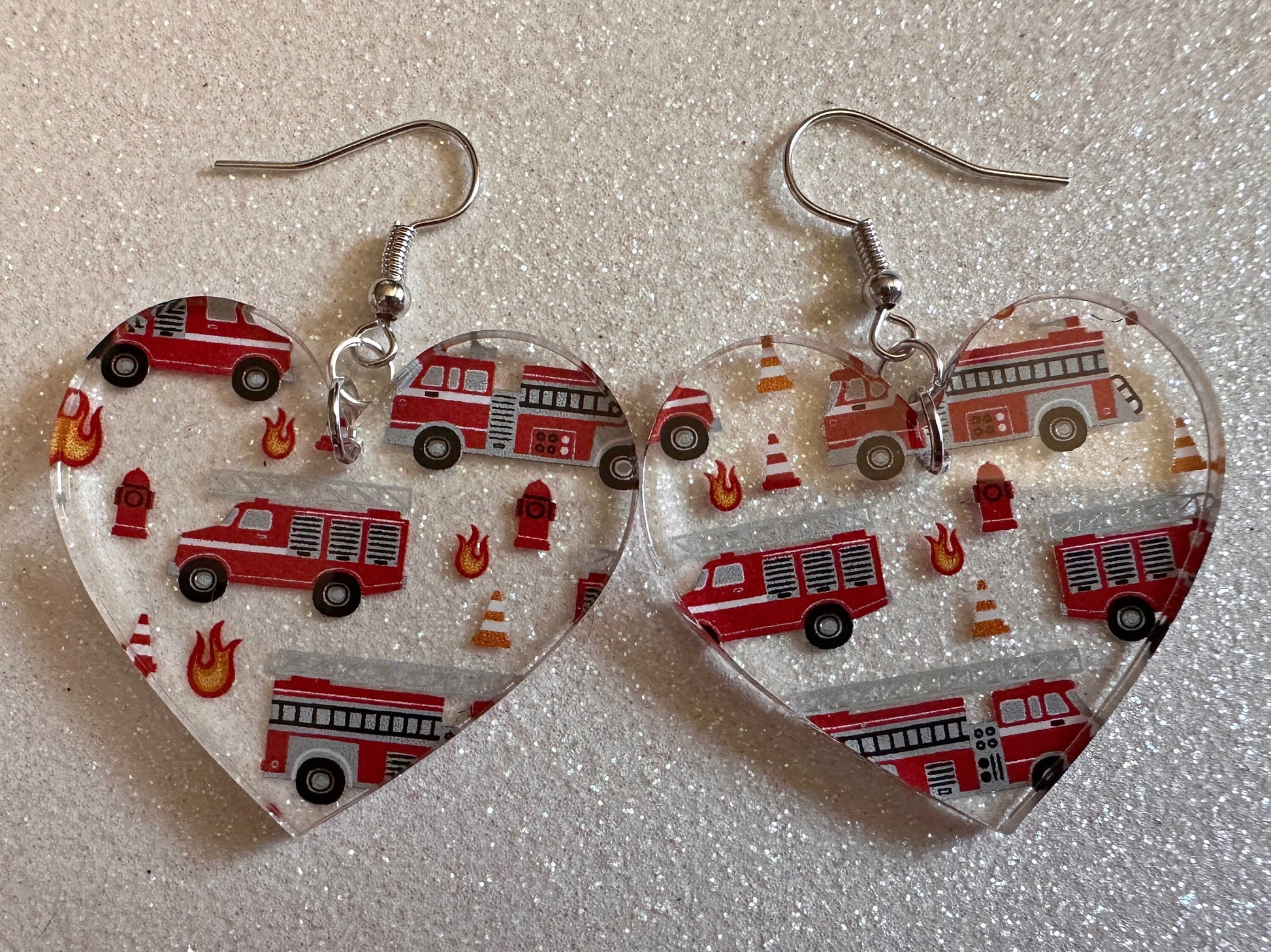 Red Fire Truck Earrings: Laser Cut Acrylic Fire Trucks, Firefighter, Traffic Cone, Fire Station, Flame Emergency Best Gifts for Her/Him/Them
