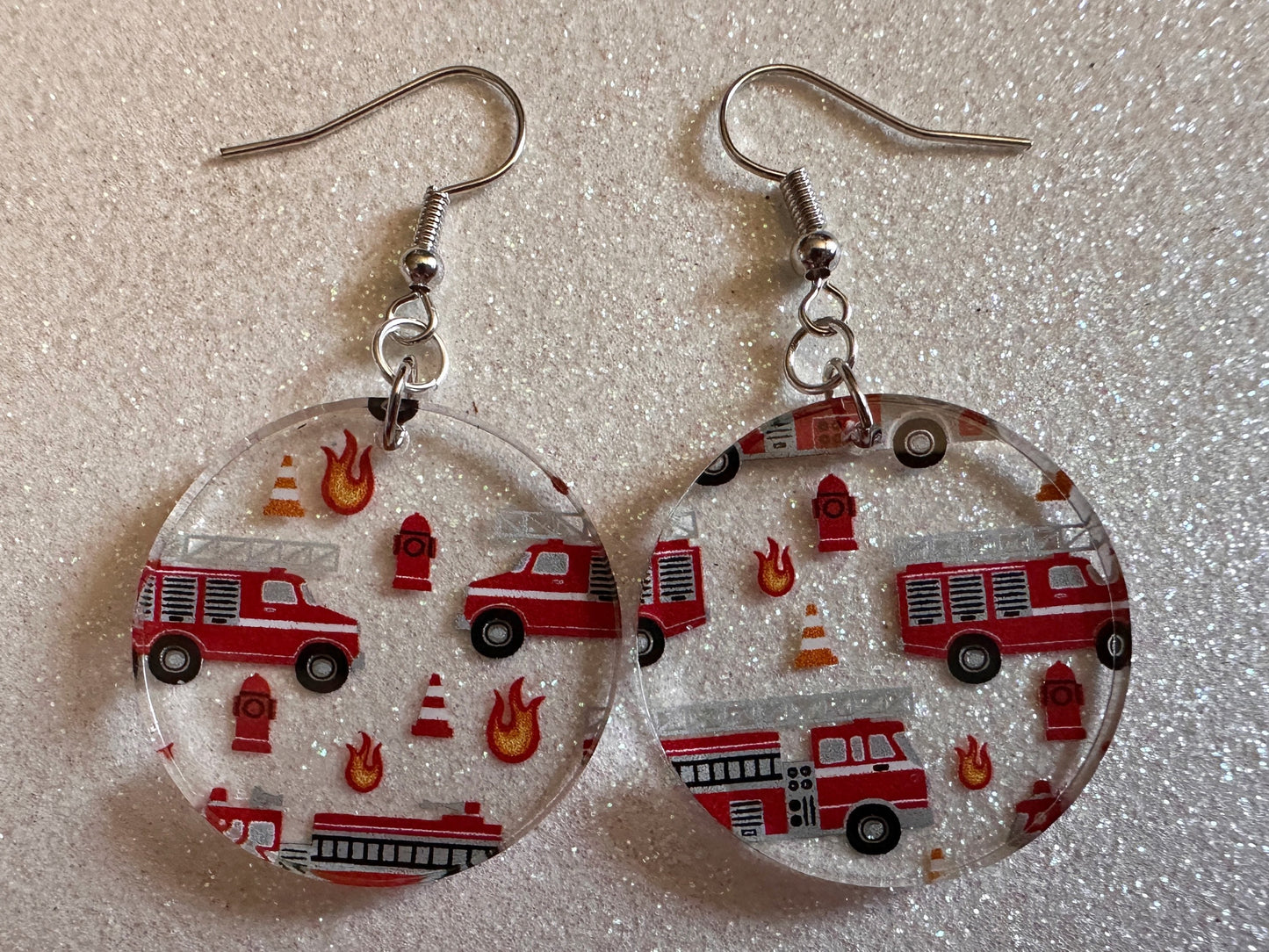 Red Fire Truck Earrings: Laser Cut Acrylic Fire Trucks, Firefighter, Traffic Cone, Fire Station, Flame Emergency Best Gifts for Her/Him/Them