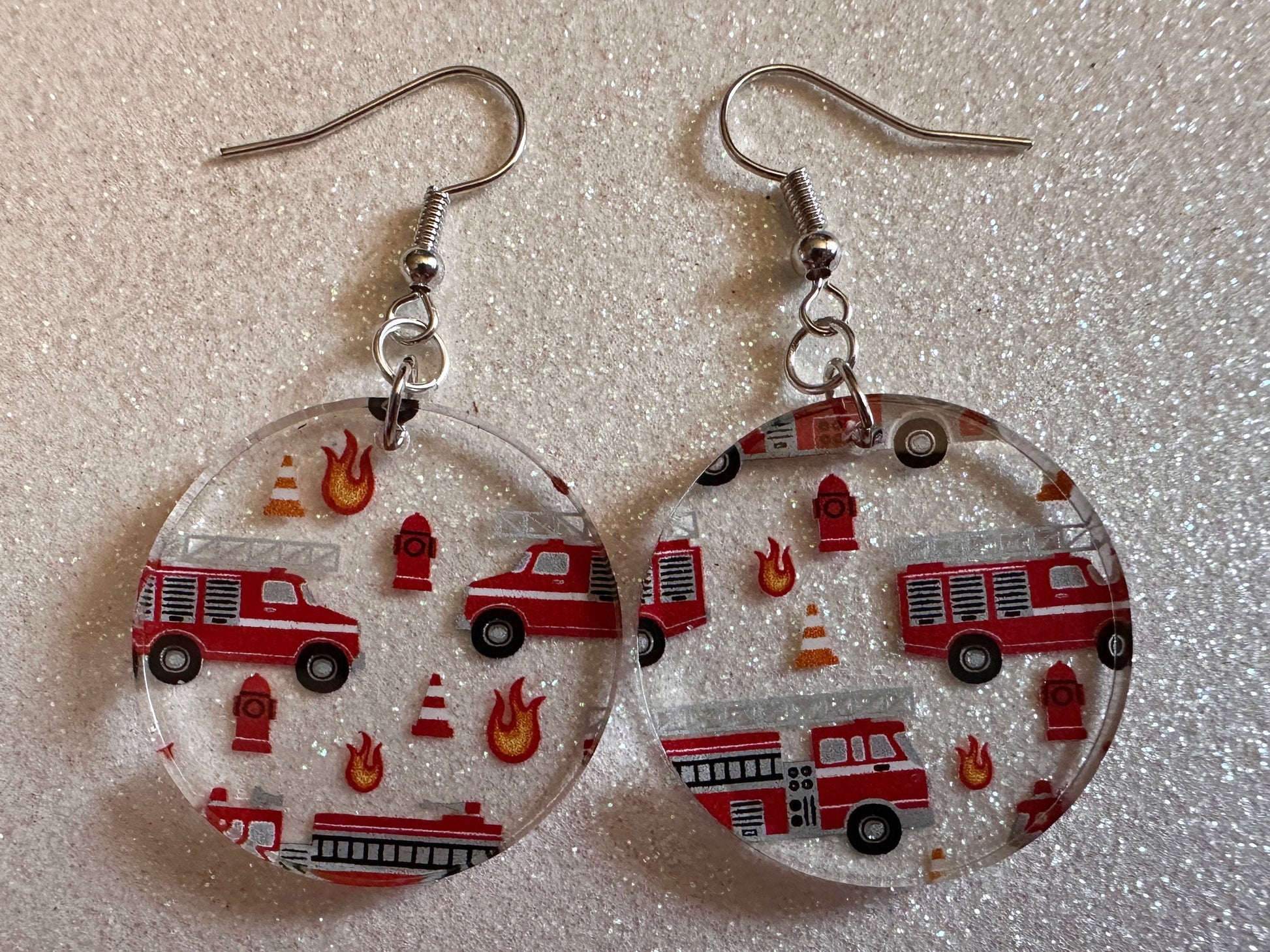 Red Fire Truck Earrings: Laser Cut Acrylic Fire Trucks, Firefighter, Traffic Cone, Fire Station, Flame Emergency Best Gifts for Her/Him/Them