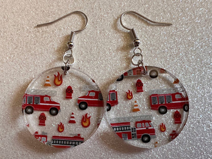 Red Fire Truck Earrings: Laser Cut Acrylic Fire Trucks, Firefighter, Traffic Cone, Fire Station, Flame Emergency Best Gifts for Her/Him/Them