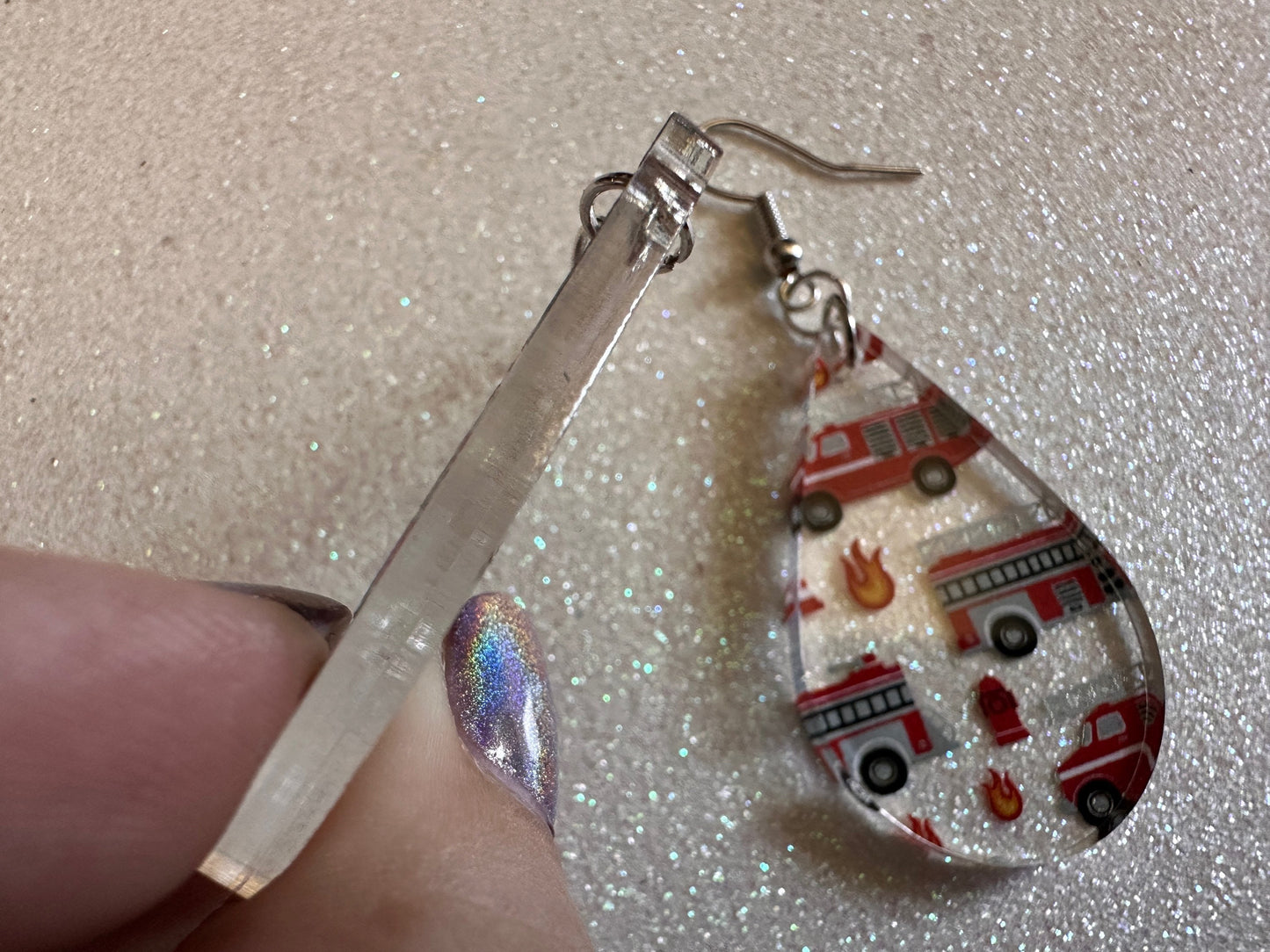 Red Fire Truck Earrings: Laser Cut Acrylic Fire Trucks, Firefighter, Traffic Cone, Fire Station, Flame Emergency Best Gifts for Her/Him/Them