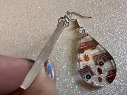 Red Fire Truck Earrings: Laser Cut Acrylic Fire Trucks, Firefighter, Traffic Cone, Fire Station, Flame Emergency Best Gifts for Her/Him/Them