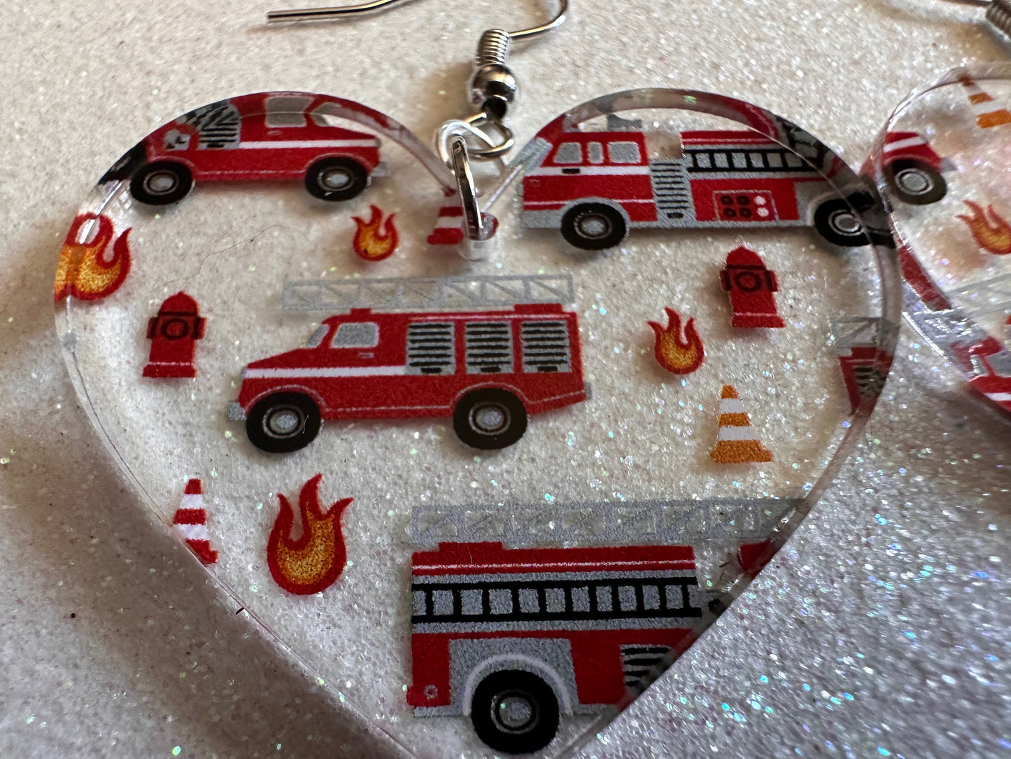 Red Fire Truck Earrings: Laser Cut Acrylic Fire Trucks, Firefighter, Traffic Cone, Fire Station, Flame Emergency Best Gifts for Her/Him/Them