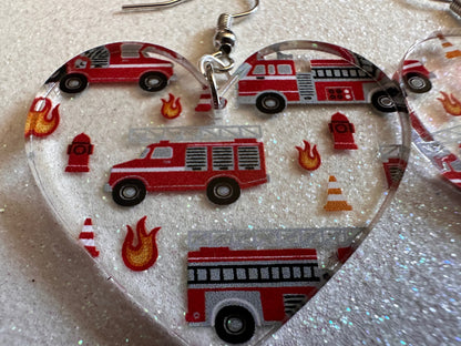 Red Fire Truck Earrings: Laser Cut Acrylic Fire Trucks, Firefighter, Traffic Cone, Fire Station, Flame Emergency Best Gifts for Her/Him/Them