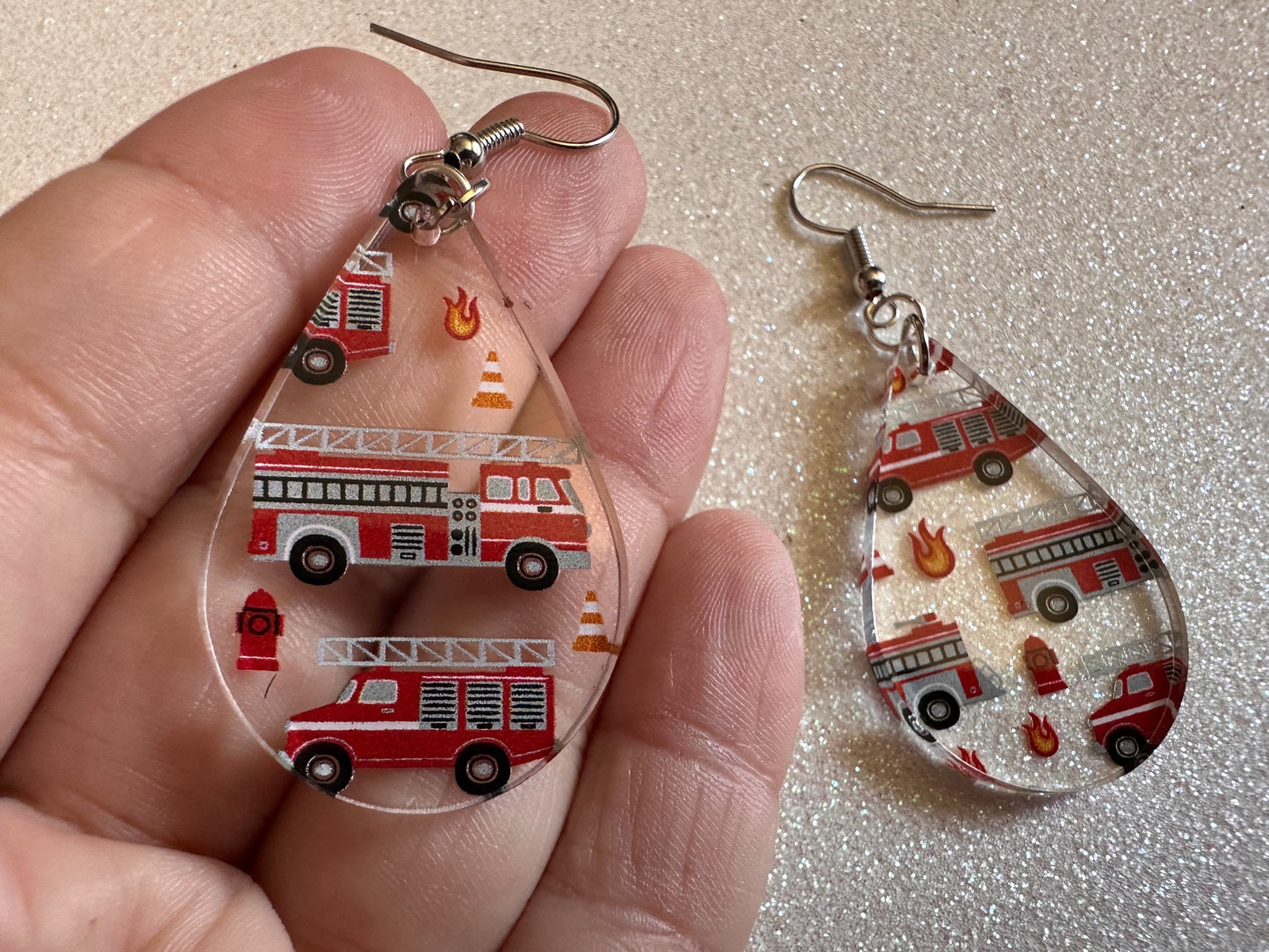 Red Fire Truck Earrings: Laser Cut Acrylic Fire Trucks, Firefighter, Traffic Cone, Fire Station, Flame Emergency Best Gifts for Her/Him/Them