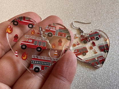 Red Fire Truck Earrings: Laser Cut Acrylic Fire Trucks, Firefighter, Traffic Cone, Fire Station, Flame Emergency Best Gifts for Her/Him/Them