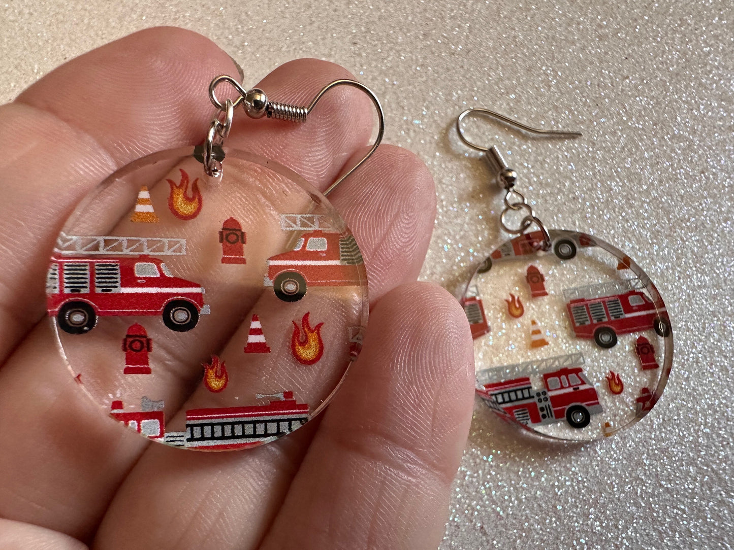 Red Fire Truck Earrings: Laser Cut Acrylic Fire Trucks, Firefighter, Traffic Cone, Fire Station, Flame Emergency Best Gifts for Her/Him/Them