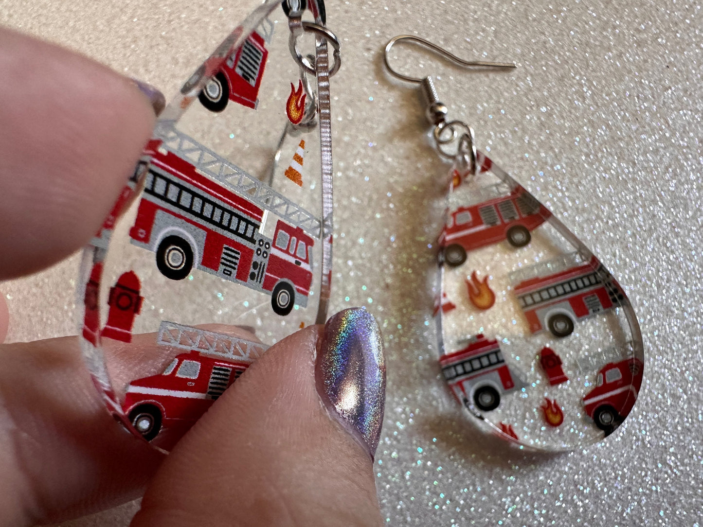 Red Fire Truck Earrings: Laser Cut Acrylic Fire Trucks, Firefighter, Traffic Cone, Fire Station, Flame Emergency Best Gifts for Her/Him/Them