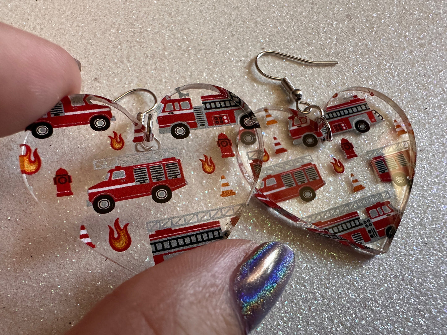 Red Fire Truck Earrings: Laser Cut Acrylic Fire Trucks, Firefighter, Traffic Cone, Fire Station, Flame Emergency Best Gifts for Her/Him/Them