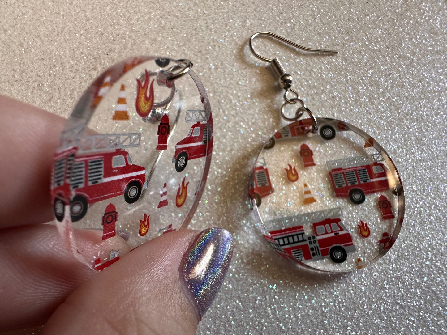 Red Fire Truck Earrings: Laser Cut Acrylic Fire Trucks, Firefighter, Traffic Cone, Fire Station, Flame Emergency Best Gifts for Her/Him/Them