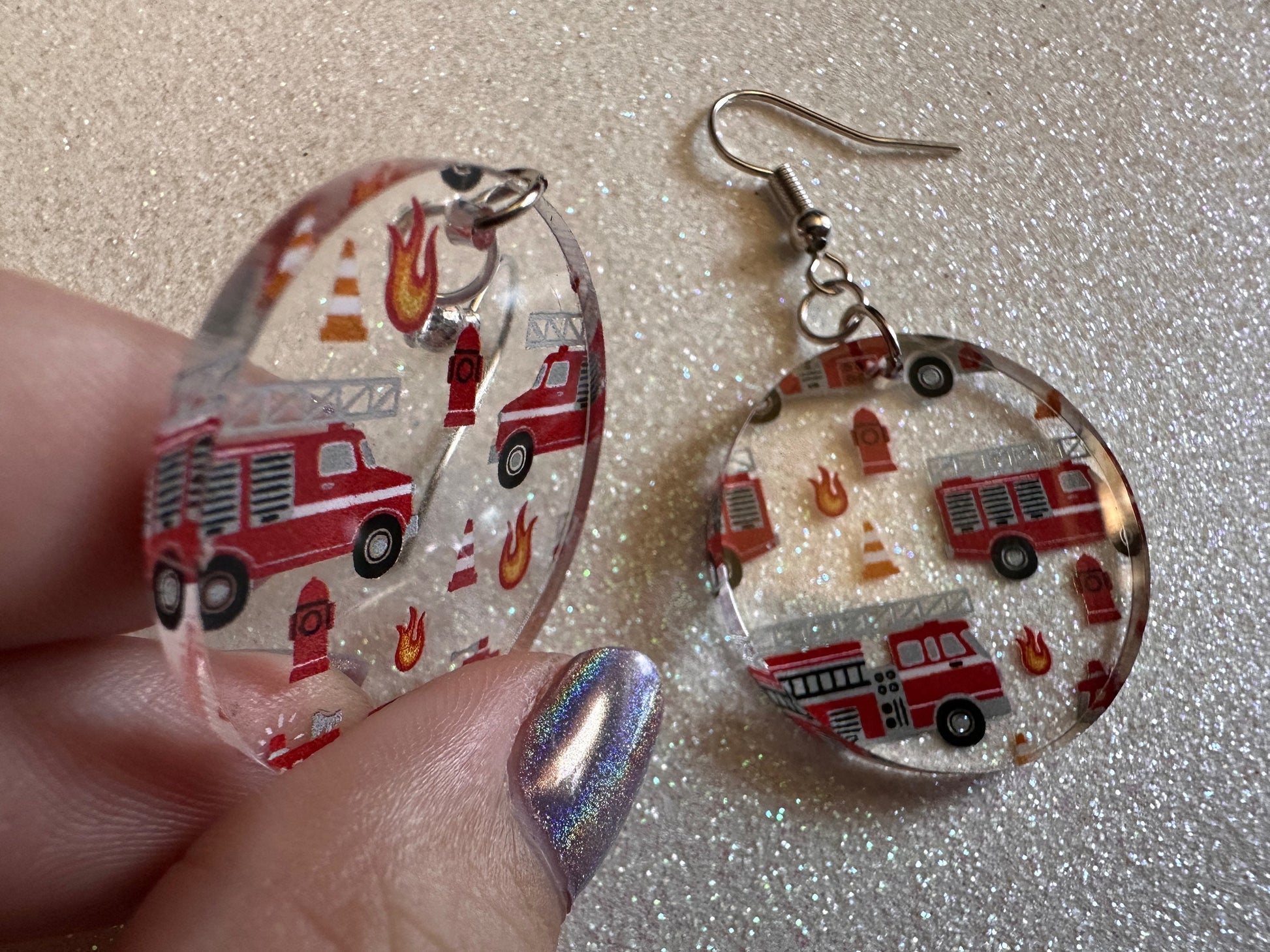 Red Fire Truck Earrings: Laser Cut Acrylic Fire Trucks, Firefighter, Traffic Cone, Fire Station, Flame Emergency Best Gifts for Her/Him/Them