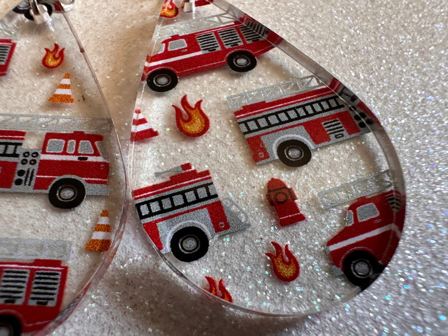 Red Fire Truck Earrings: Laser Cut Acrylic Fire Trucks, Firefighter, Traffic Cone, Fire Station, Flame Emergency Best Gifts for Her/Him/Them